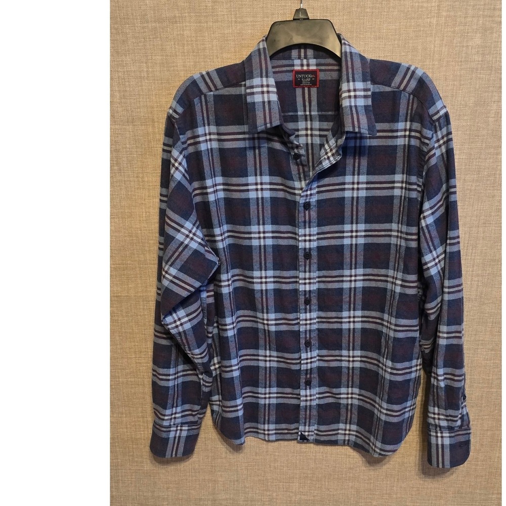 UNTUCKit Mens XL Relaxed Fit Blue Burgundy Plaid Flannel Button Down Shirt
